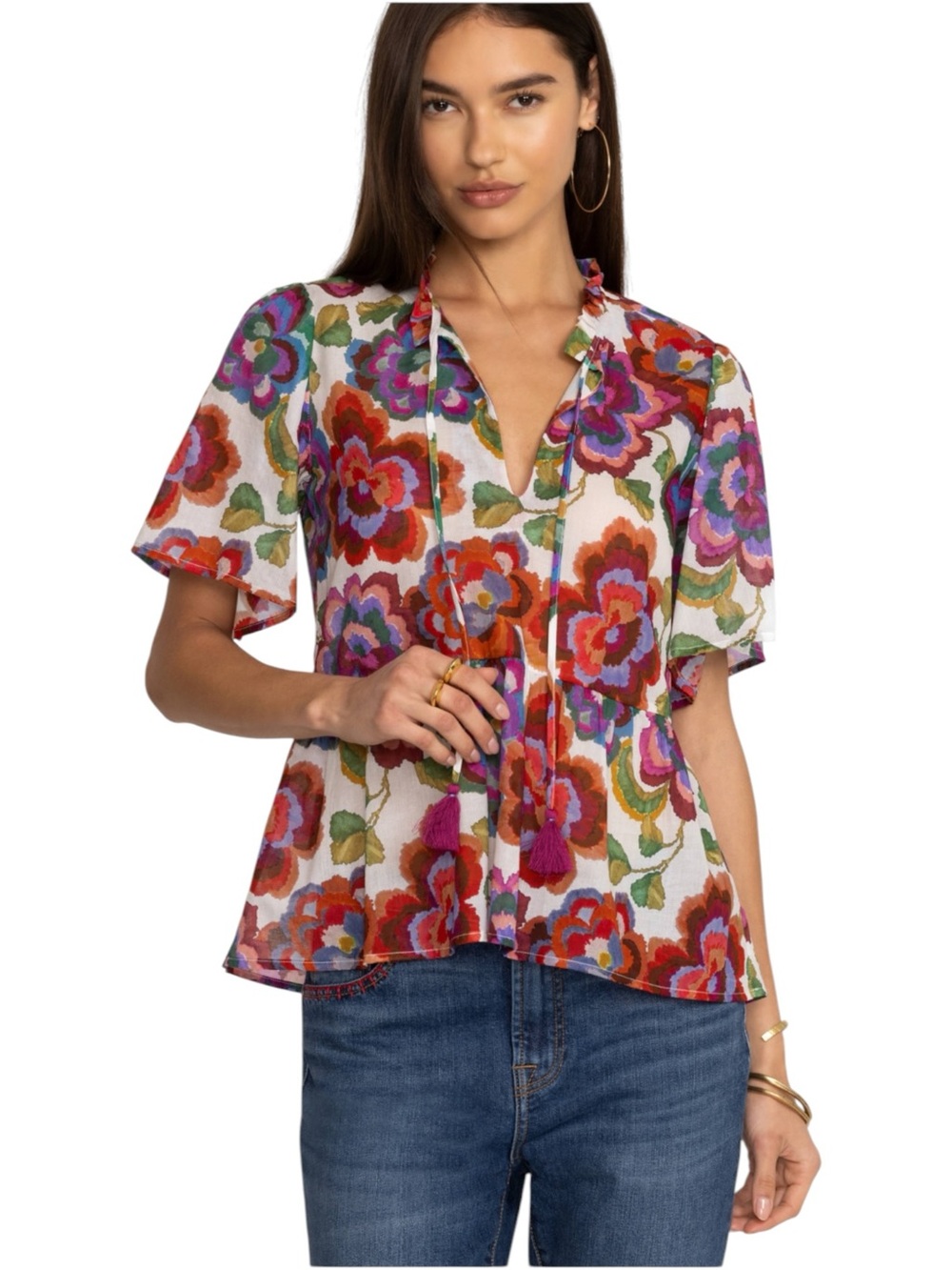 JOHNNY WAS Calanthe High Low Empire Waist Top Large